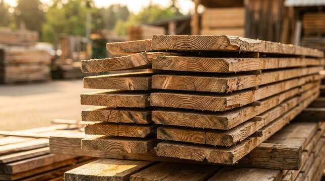 Textured wood grain plank siding and construction material stacked in a lumber yard.