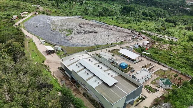 Aerial Forward Drone Shot of Mekarsari Landfill and Waste Management Facility in Cianjur Indonesia