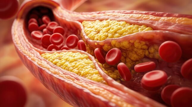 Atherosclerosis concept featuring yellow cholesterol plaque accumulation inside a human artery with red blood cells.