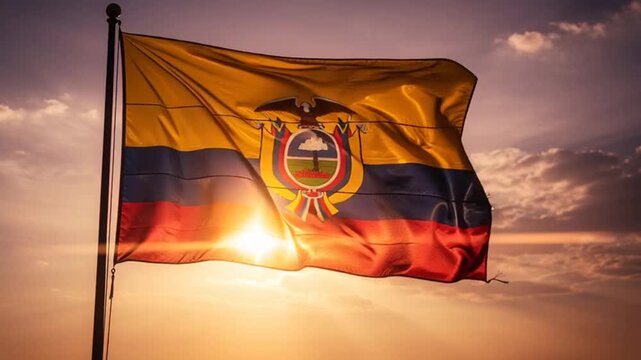 National flag of ecuador waving in the wind at sunset