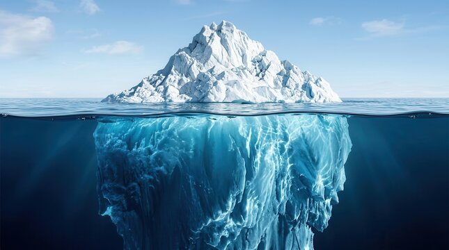 A massive iceberg floats in the ocean, showing a small tip above water and a large mass concealed underwater.
