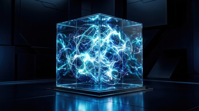 Secure unchanged information flow within a glowing transparent cube and electric data mesh.