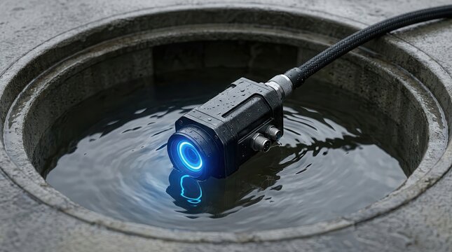 A drain cleaning inspection cable and camera submerged in a manhole.
