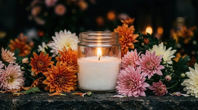 Chrysanthemum petals and a glowing candle in a jar symbolizing wrongful death remembrance.