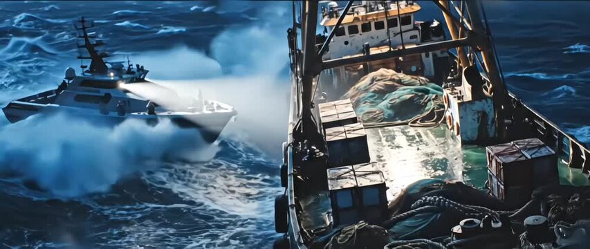 Coast guard patrol boat shining spotlight on a fishing trawler in rough stormy seas at night