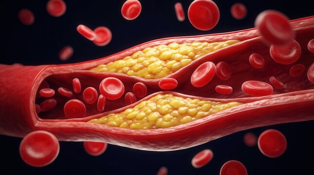 Atherosclerosis risk depicted with cholesterol plaque inside a blood vessel and floating cells.