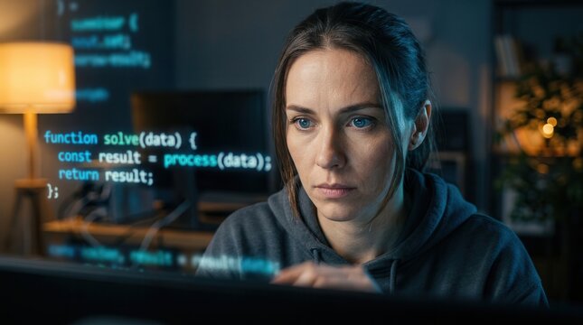 Professional software tester examining lines of code on a monitor to ensure quality.