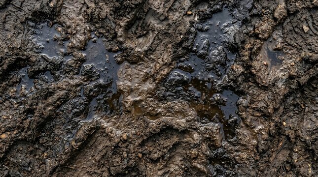 Seamless full frame muddy soil texture with dark wet patches