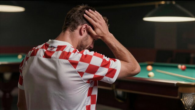 Man in Croatia jersey sits dejectedly at pool table, hand on head.