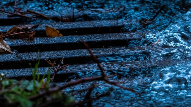 Storm drain covered by moving blue water with wet metal grates, floating leaves and twigs, ripples and splashes showing heavy rainfall, urban drainage system and flooding conditions