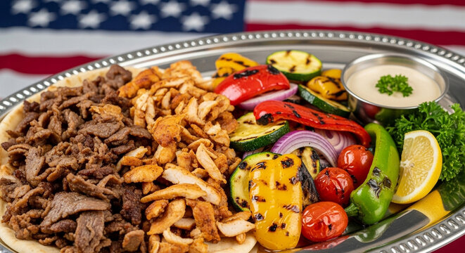 A large silver platter featuring Middle Eastern chicken and beef shawarma with colorful grilled vegetables, sauce, and a lemon wedge, set against a blurred American flag.