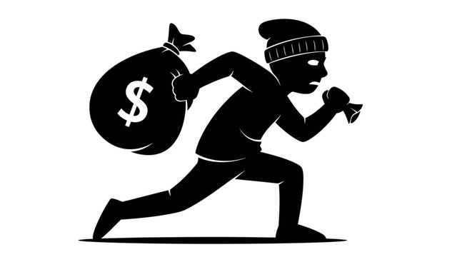 Silhouette of a thief sprinting away with a money bag in a stealthy urban heist scene.