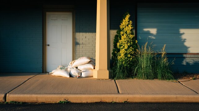Flood protection preparation at suburban house entrance with sandbags blocking white front door, residential safety measures, storm preparedness, climate adaptation  home defense against rising water