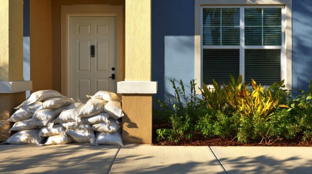 Flood protection preparation at suburban house entrance with sandbags blocking white front door, residential safety measures, storm preparedness, climate adaptation  home defense against rising water