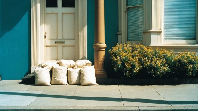 Flood protection preparation at suburban house entrance with sandbags blocking white front door, residential safety measures, storm preparedness, climate adaptation  home defense against rising water