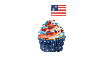 Obraz premium Patriotic cupcake with american flag topper isolated on transparent background