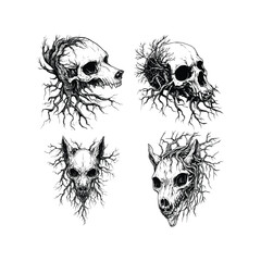 Fototapeta premium Hand-drawn vintage engraving-style vector illustration showing a set of four unique animal and human skulls, intricately merged with twisting, detailed tree branches and root structures