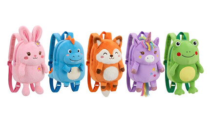Naklejka premium Set of cute plush animal backpacks for children isolated on transparent background