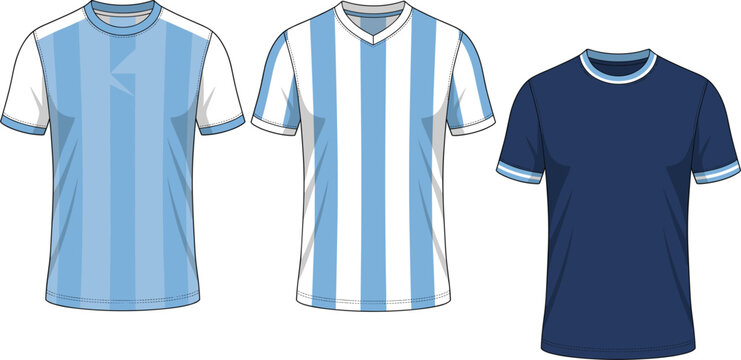 Soccer jersey template vector set featuring light blue and white striped shirts alongside dark blue training t-shirts for sport team kit mockups isolated on white background.