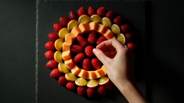 Hand placing a strawberry in a circular fruit arrangement