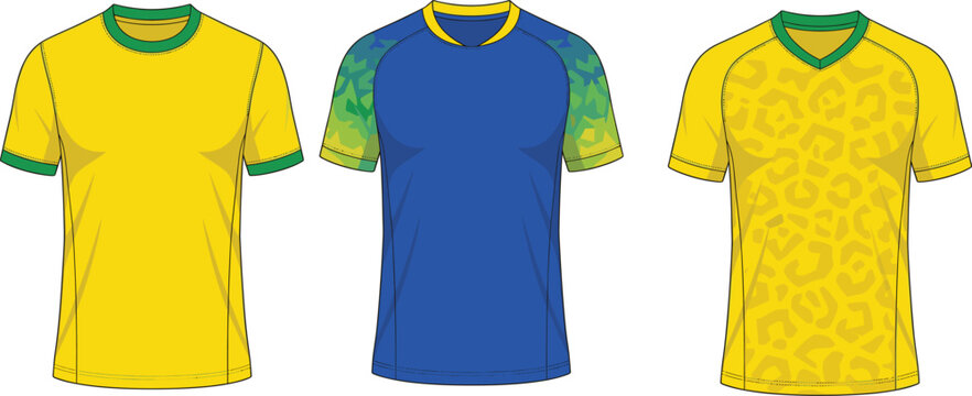 Soccer jersey templates collection featuring yellow and blue shirts with green trim and jaguar animal print patterns for football team kits isolated on white background.