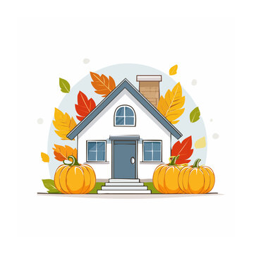 Flat design 3D render of autumn house with pumpkins