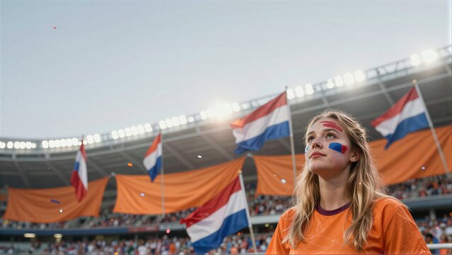 Young fan with Dutch flag face paint cheers at stadium, surrounded by flags and lights.