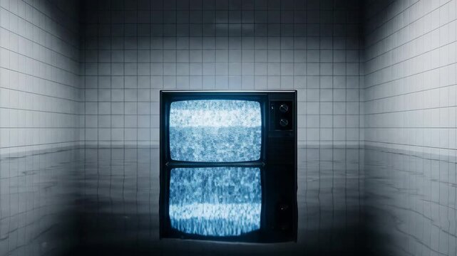 4K Video Background Retro Television with Static Screen in Liminal Tiled Room