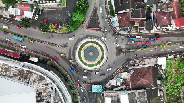 Ascending Drone Shot Above Tugu Gentur Roundabout in Cianjur West Java Indonesia