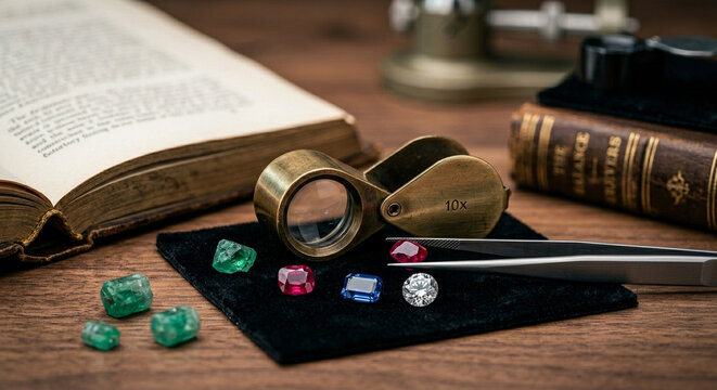Jeweler workbench with precious gemstones, 10x magnification loupe, tweezers, and vintage books for professional appraisal, showcasing precision, heritage, science and craftsmanship in gemology