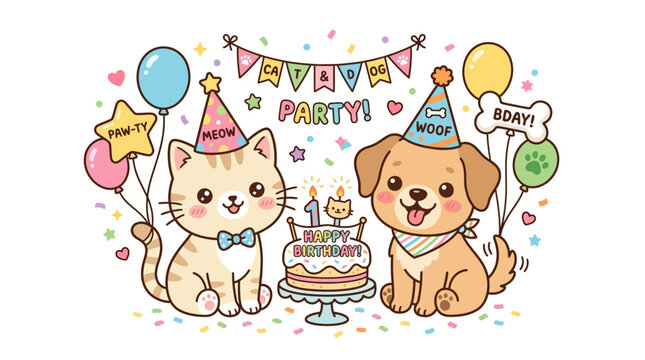 cat and dog wearing party hats.