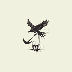 Obraz premium Hand-drawn vector illustration of a black raven flying and holding a grim reaper scythe above a human skull, isolated on a white background