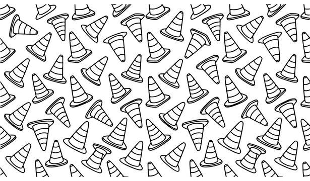 Minimal traffic cone seamless pattern outline doodle construction vector background eps10
