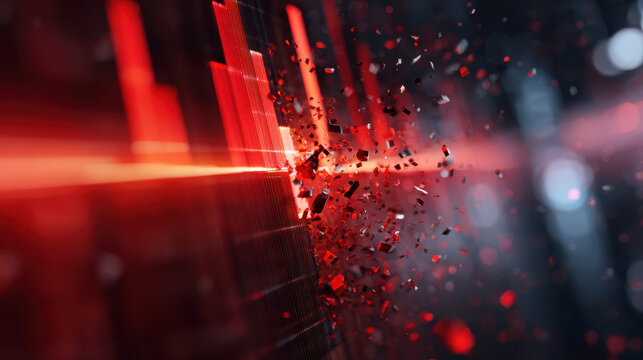 Digital illustration of shattered data chart, abstract red burst, dark background, glowing particle effect, financial decline symbol