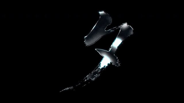 Silver metallic brush stroke Kanji "夕". Its meaning is "evening". Alpha channel. Seamless loop video.