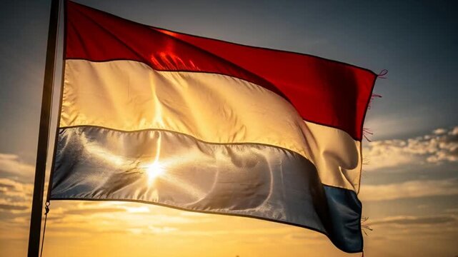 Netherlands national flag waving in the wind at sunset