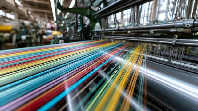 Vibrant Textile Production Facility Showcasing Colorful Threads in Motion During Manufacturing Process