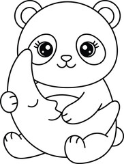 Fototapeta premium Adorable baby panda hugging a crescent moon line art illustration for children's coloring book and nursery decor