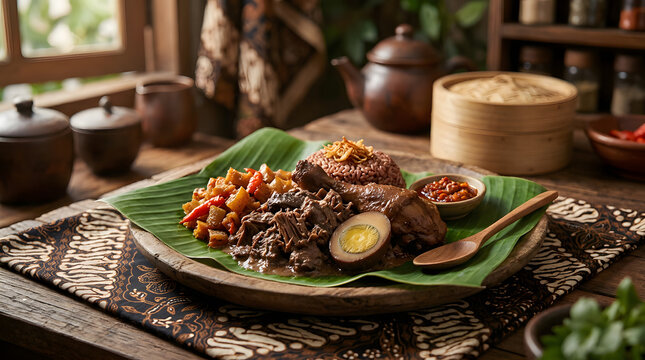 Traditional gudeg meal featuring jackfruit stew with chicken and egg served on a green banana leaf in rustic wooden bowl