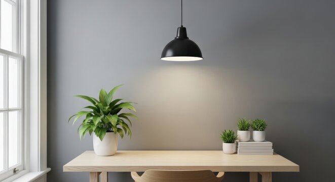 Modern office space with tob tree on wooden table and balcony view