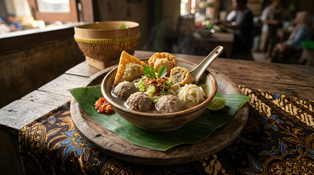 Traditional indonesian bakso meatball soup served in a rustic ceramic bowl with fried wontons and noodles on a wooden table