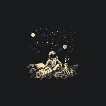 Astronaut camping in outer space sitting near a campfire and looking at stars and planets, hand drawn vector illustration.