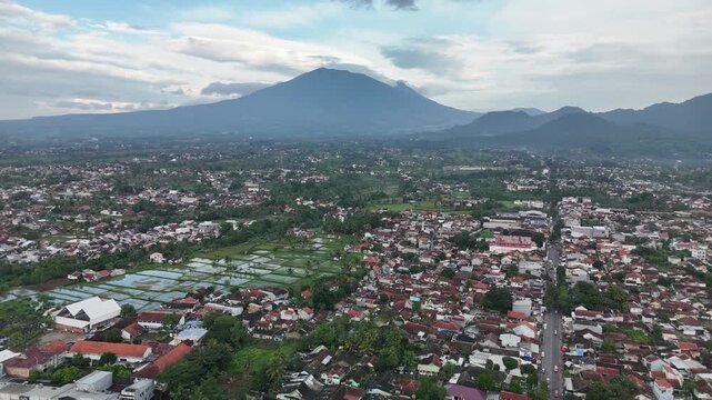 Aerial View of Mount Gede Rising Above Cianjur City in West Java Indonesia