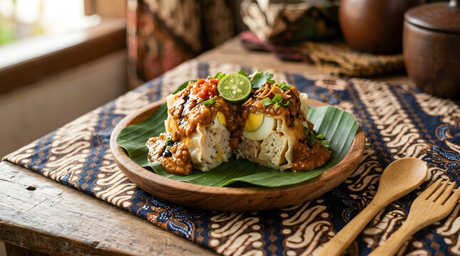 Traditional siomay dumplings served with savory peanut sauce lime and boiled egg on a wooden plate with batik cloth background