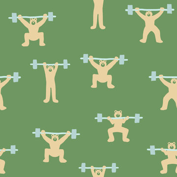 Cute Bear Weightlifting Pattern on Green Background