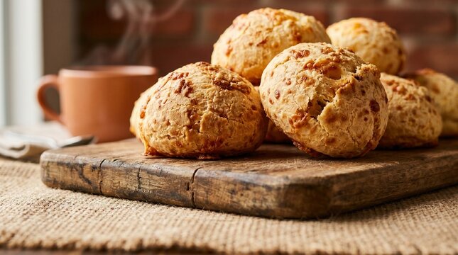 Commercial studio food photography of a fresh pile of Brazilian p&atilde;o de queijo on a wooden board &ndash; premium regional breakfast menu advertising, traditional bakery branding, and cozy cafe morning campai