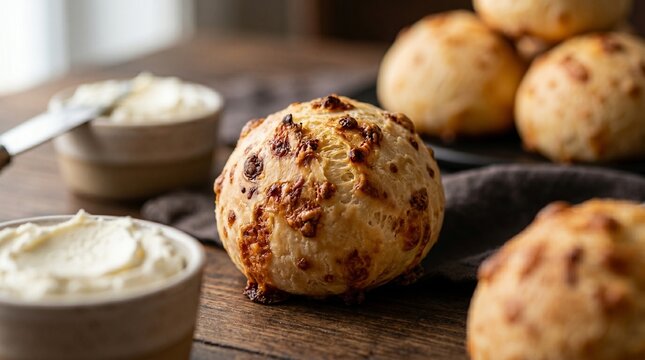 Commercial studio food photography of a fresh pile of Brazilian p&atilde;o de queijo on a wooden board &ndash; premium regional breakfast menu advertising, traditional bakery branding, and cozy cafe morning campai