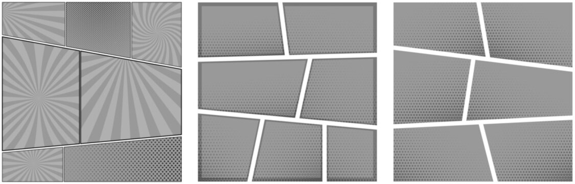 Comic book template with various panel layouts and halftone dot effects in grayscale vector.