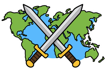 Obraz premium World Map Global Conflict with Crossed Swords Illustrating International Geopolitical Tensions