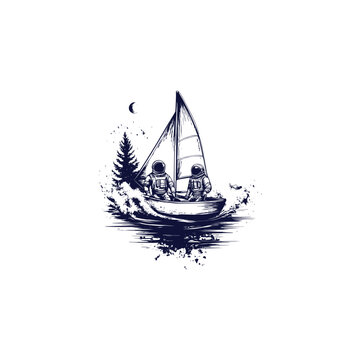 Hand drawn vector illustration of two astronauts sailing on a small sailboat in the middle of the sea, surreal space adventure concept art isolated on white background.